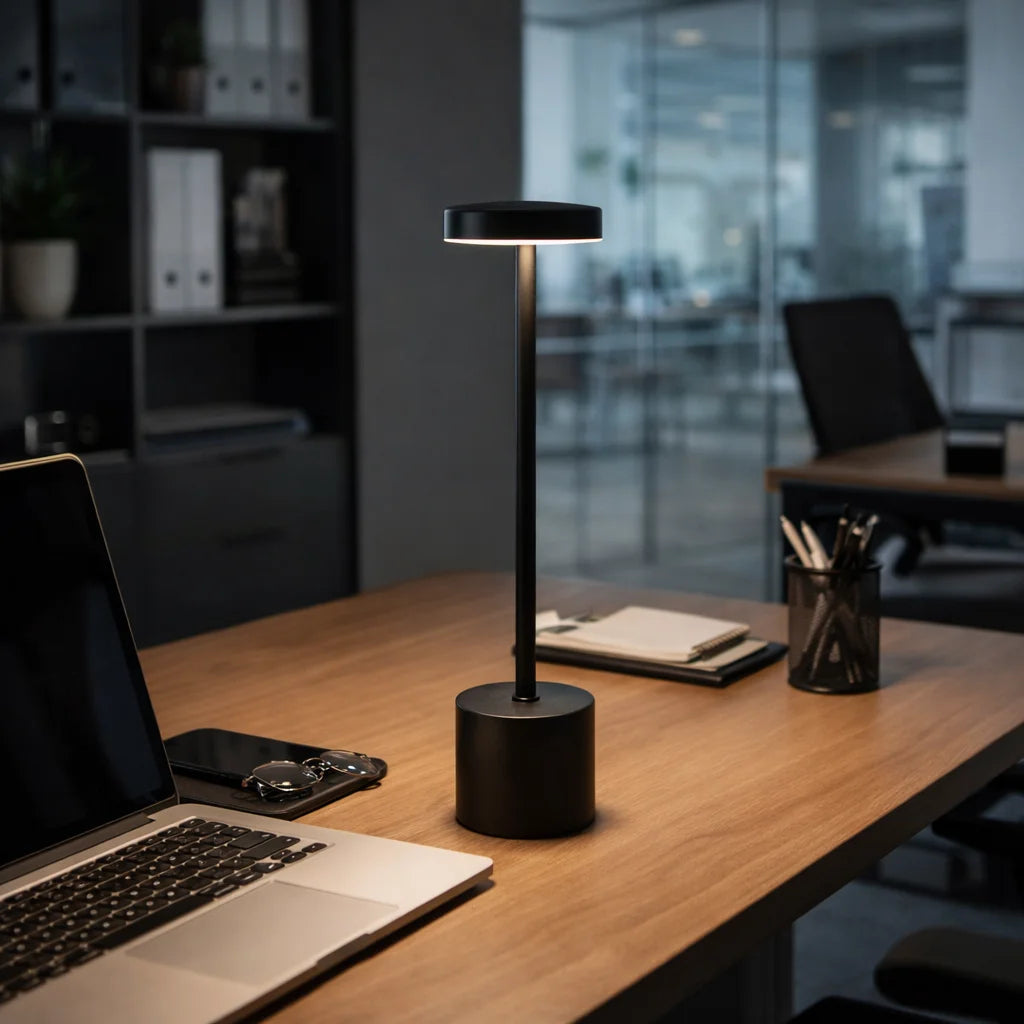 Black desk lamp on a wooden desk with a laptop in an office setting